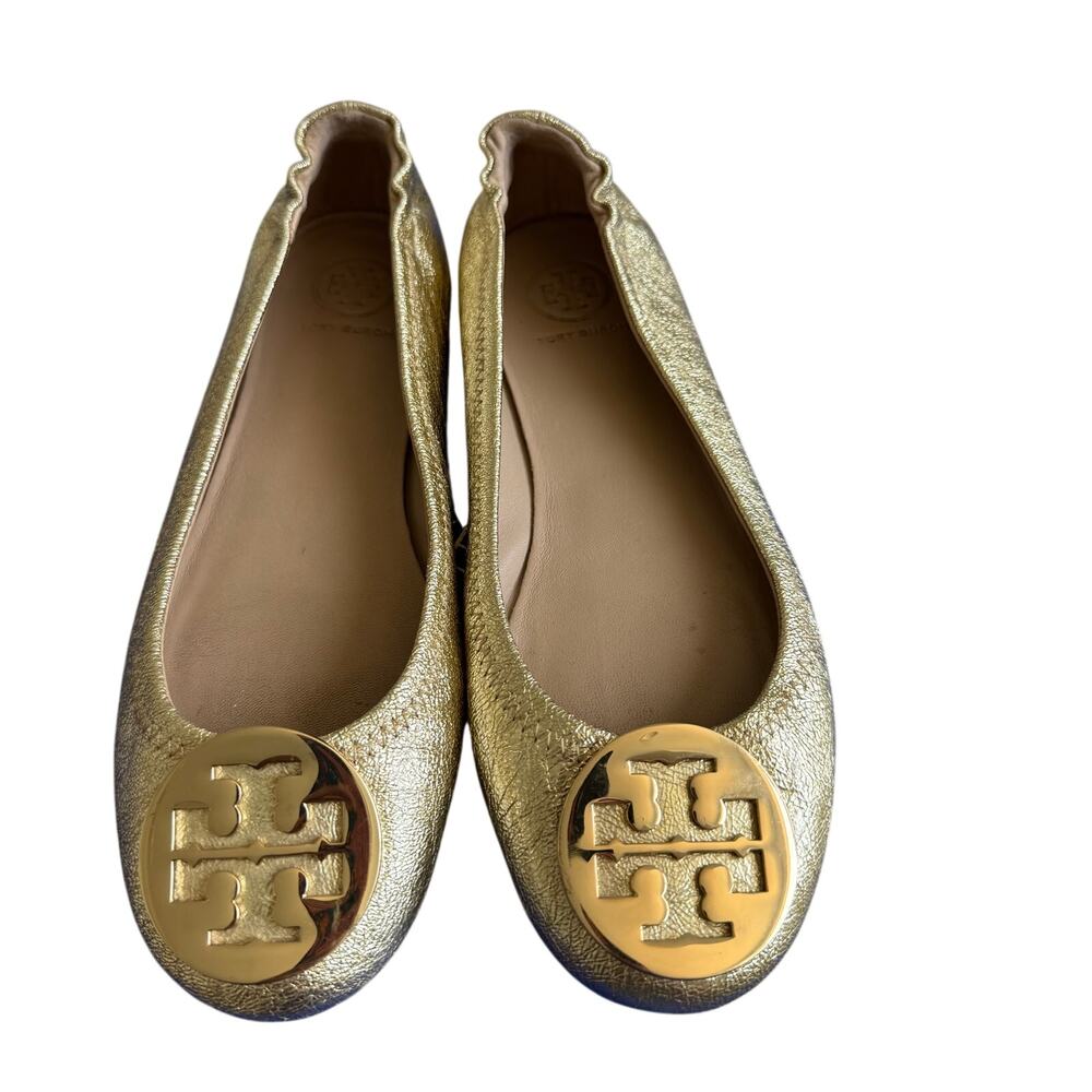 Tory Burch Minnie Travel Ballet Flats Gold Metallic Leather Size 5.5